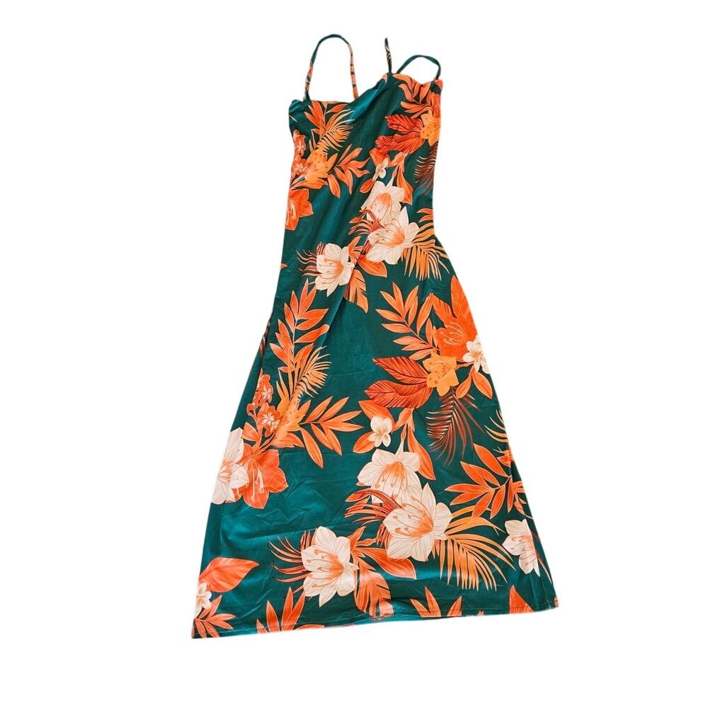 SHEIN Tropical Floral Slip Dress Medium Green Orange Tie Back Midi Summer